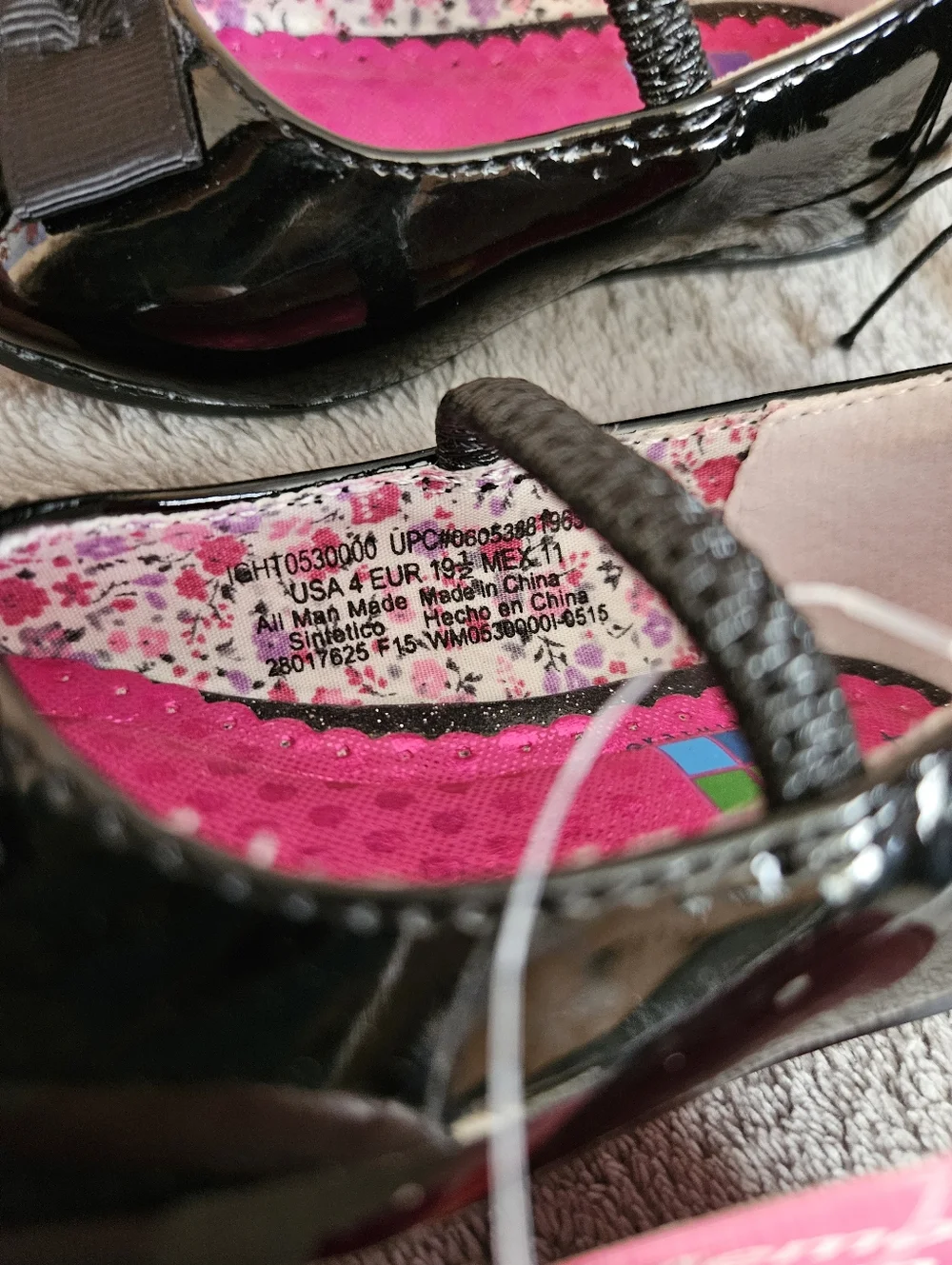 Baby Girls Black Mary Jane Flats with Pink Insole Size 4